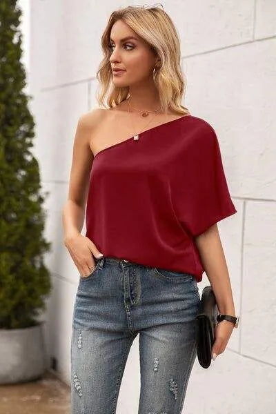 Single Shoulder Half Sleeve T-Shirt Wine Women's T-Shirts - Tophatter Daily Deals